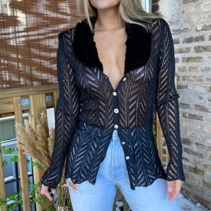 Y2K Vintage Black crochet 90s button down top velvet